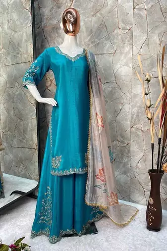 Chinon suit with sequin embroidery gharara & organza dupatta 