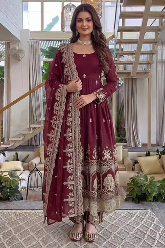 crunchy silk embroidered gown set with dupatta & bottom 