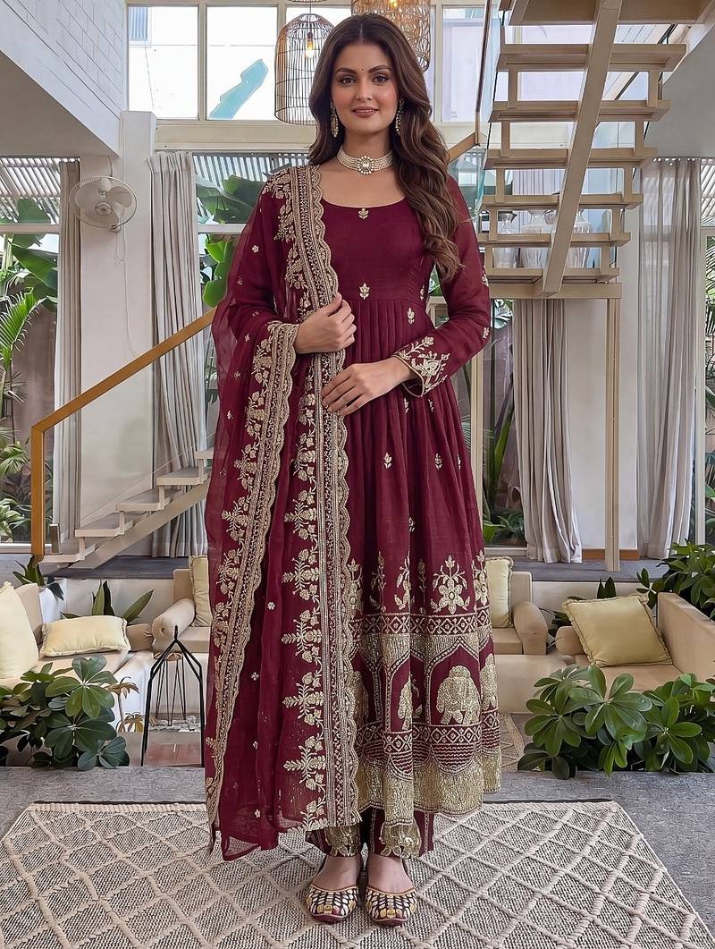  crunchy silk embroidered gown set with dupatta & bottom 