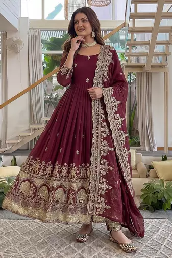  crunchy silk embroidered gown set with dupatta & bottom 