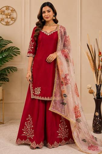 Chinon suit with sequin embroidery gharara & organza dupatta 