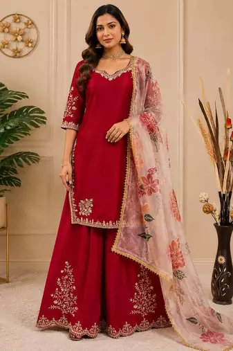 Chinon suit with sequin embroidery gharara & organza dupatta 
