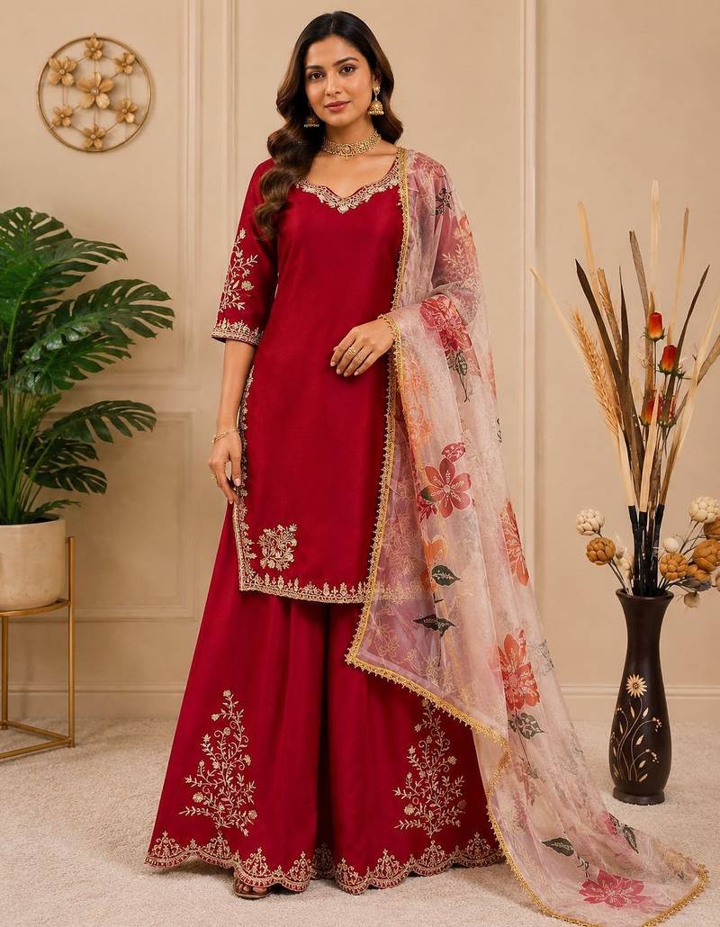 Chinon suit with sequin embroidery gharara & organza dupatta 