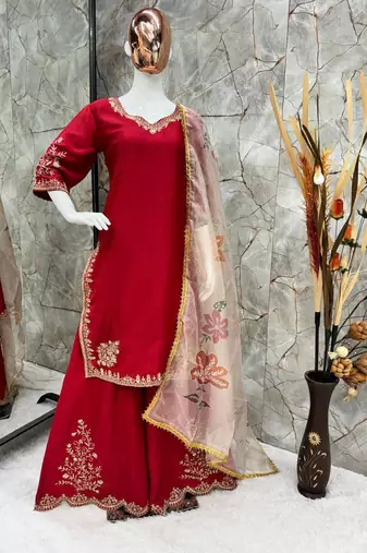 Chinon suit with sequin embroidery gharara & organza dupatta 