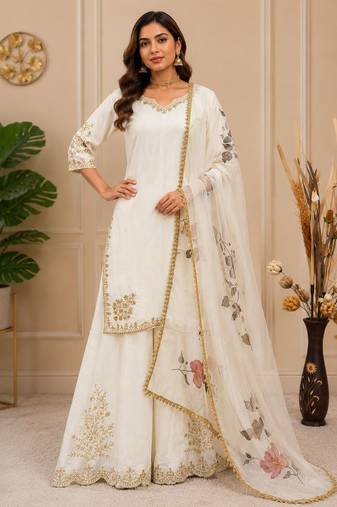 Chinon suit with sequin embroidery gharara & organza dupatta 
