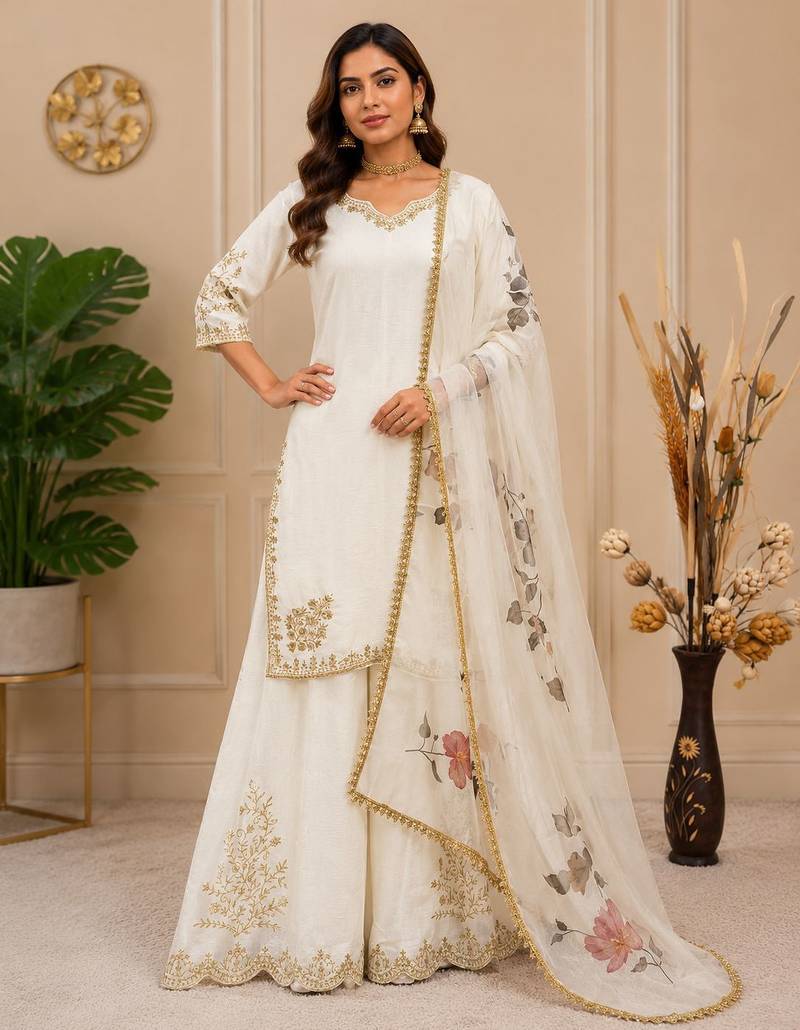 Chinon suit with sequin embroidery gharara & organza dupatta 