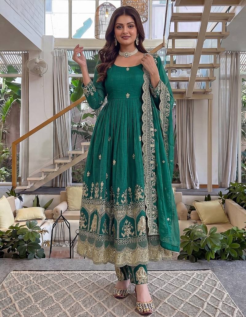  crunchy silk embroidered gown set with dupatta & bottom 