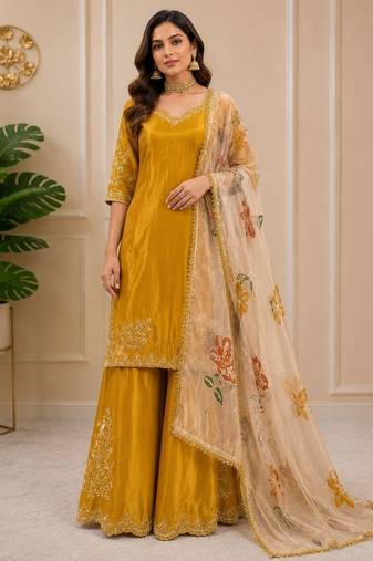Chinon suit with sequin embroidery gharara & organza dupatta 