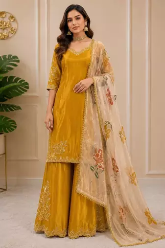 Chinon suit with sequin embroidery gharara & organza dupatta 