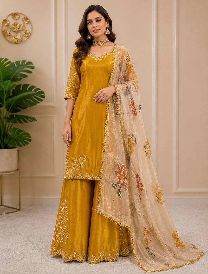 Chinon suit with sequin embroidery gharara & organza dupatta 