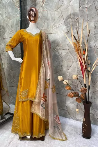 Chinon suit with sequin embroidery gharara & organza dupatta 