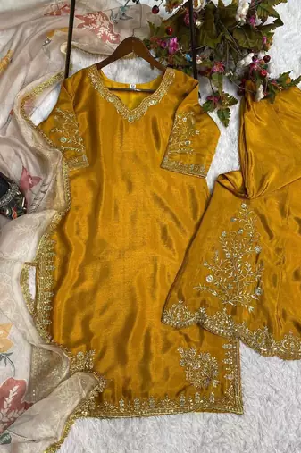 Chinon suit with sequin embroidery gharara & organza dupatta 