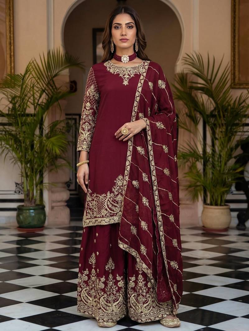 chinon silk kurti set with embroidery coding sequin zari work