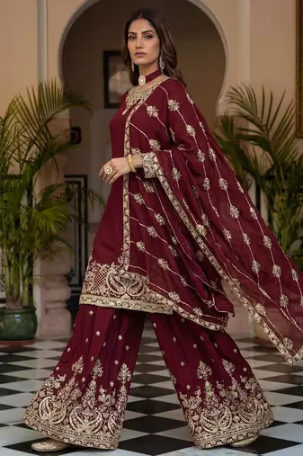  chinon silk kurti set with embroidery coding sequin zari work