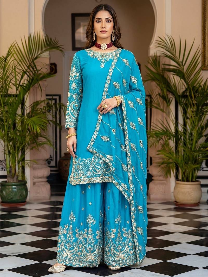  chinon silk kurti set with embroidery coding sequin zari work