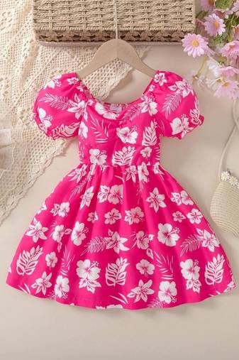 Hot pink floral printed cotton fit & flare kids dress
