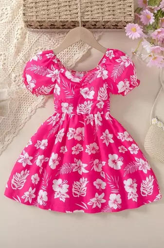 Hot pink floral printed cotton fit & flare kids dress
