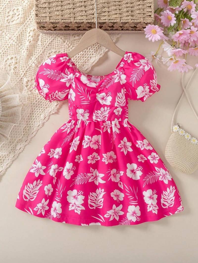 Hot pink floral printed cotton fit & flare kids dress