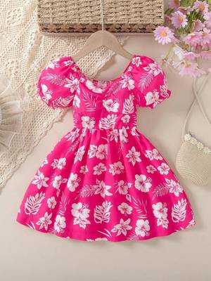 Hot pink floral printed cotton fit & flare kids dress 2