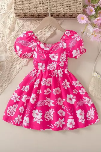 Hot pink floral printed cotton fit & flare kids dress