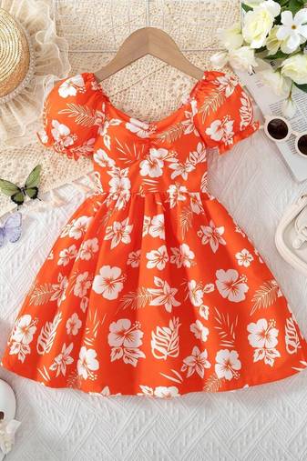 Hot orange floral printed cotton fit & flare kids dress