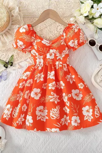 Hot orange floral printed cotton fit & flare kids dress