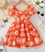 Hot orange floral printed cotton fit & flare kids dress