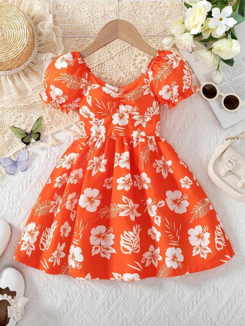Hot orange floral printed cotton fit & flare kids dress