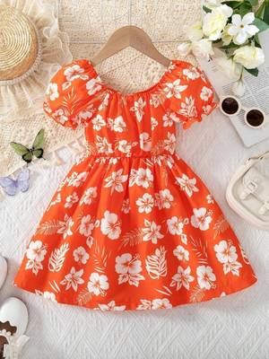 Hot orange floral printed cotton fit & flare kids dress 2