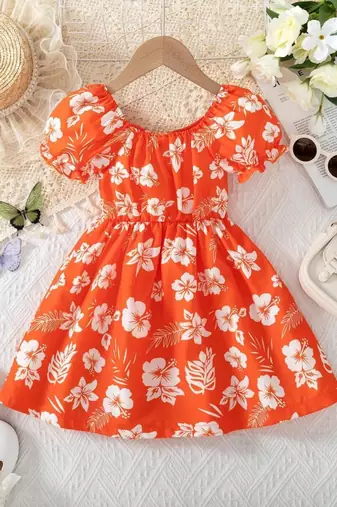 Hot orange floral printed cotton fit & flare kids dress