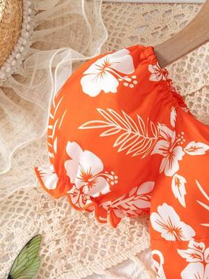 Hot orange floral printed cotton fit & flare kids dress 3