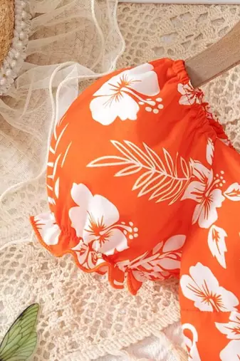 Hot orange floral printed cotton fit & flare kids dress