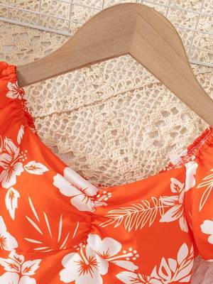 Hot orange floral printed cotton fit & flare kids dress 4