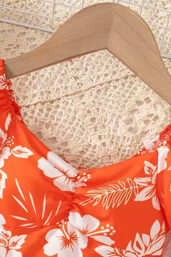Hot orange floral printed cotton fit & flare kids dress