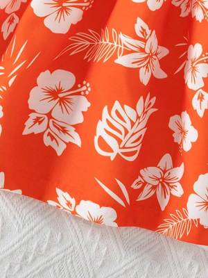 Hot orange floral printed cotton fit & flare kids dress 5