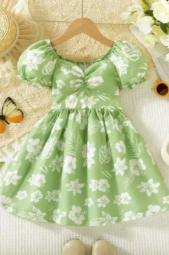 Hot green floral printed cotton fit & flare kids dress