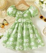 Hot green floral printed cotton fit & flare kids dress