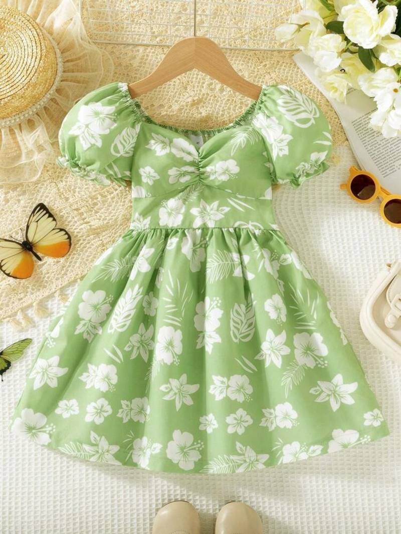 Hot green floral printed cotton fit & flare kids dress
