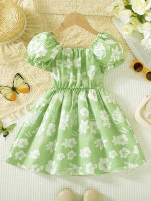 Hot green floral printed cotton fit & flare kids dress 2