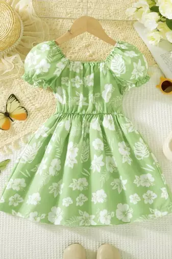 Hot green floral printed cotton fit & flare kids dress