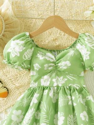 Hot green floral printed cotton fit & flare kids dress 3