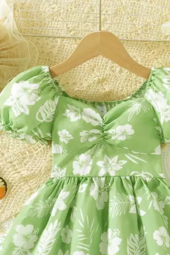 Hot green floral printed cotton fit & flare kids dress