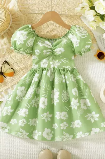 Hot green floral printed cotton fit & flare kids dress