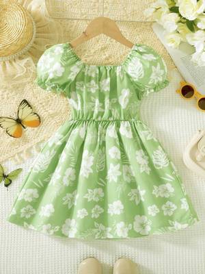 Hot green floral printed cotton fit & flare kids dress 5