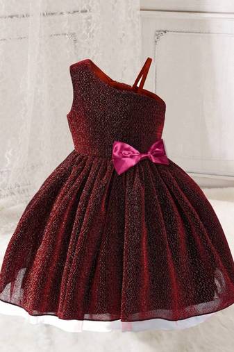Wine red glitter shimmer net one shoulder party wear kids frock