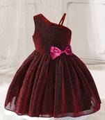 Wine red glitter shimmer net one shoulder party wear kids frock