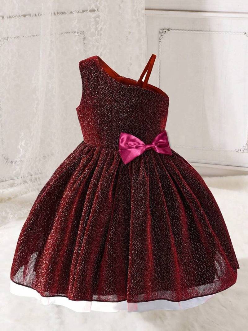Wine red glitter shimmer net one shoulder party wear kids frock