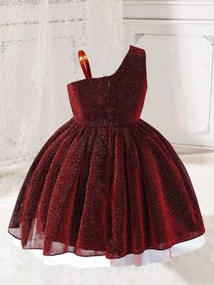 Wine red glitter shimmer net one shoulder party wear kids frock 2