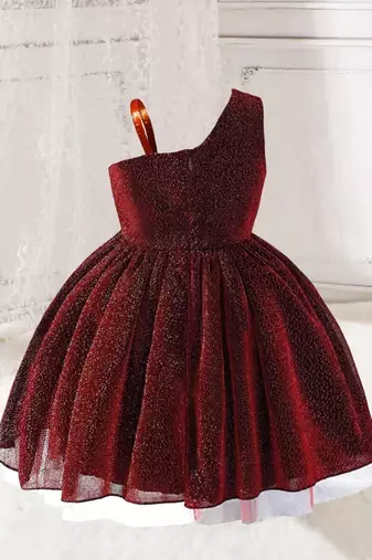 Wine red glitter shimmer net one shoulder party wear kids frock