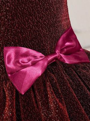 Wine red glitter shimmer net one shoulder party wear kids frock 3